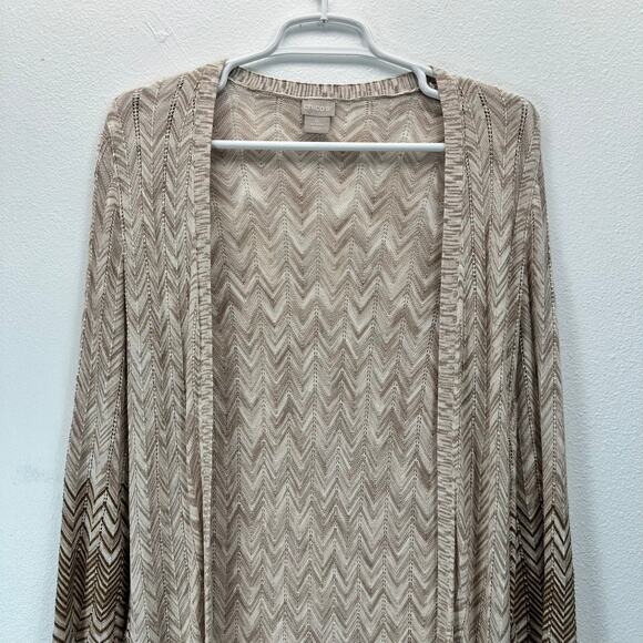 Chico's Open Front Long Line Cardigan Open Knit Sweater Chevron Brown 0 Med - Picture 3 of 10